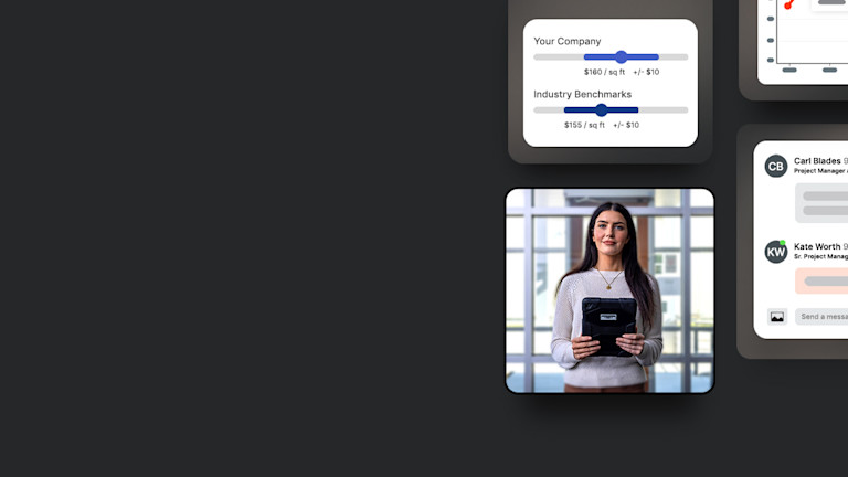 Tiles showing Procore's UI and images of two contractors