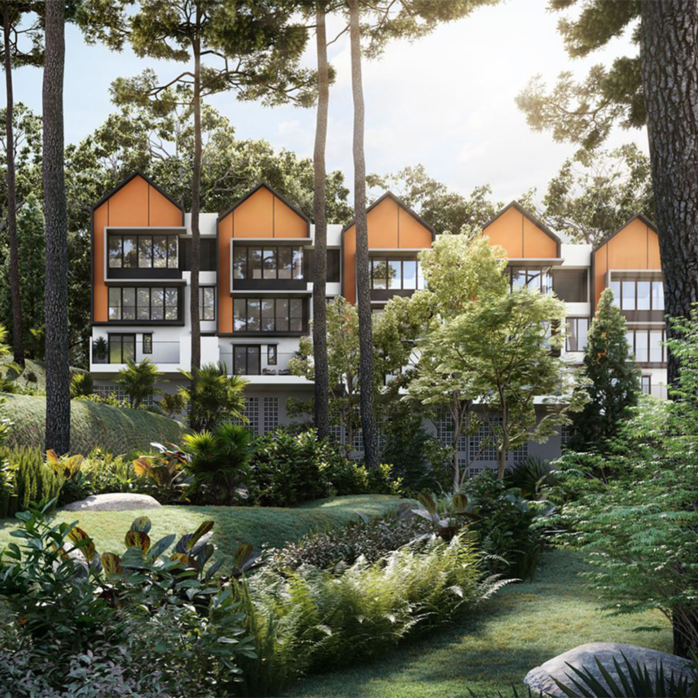 Apartment complex with a garden around it