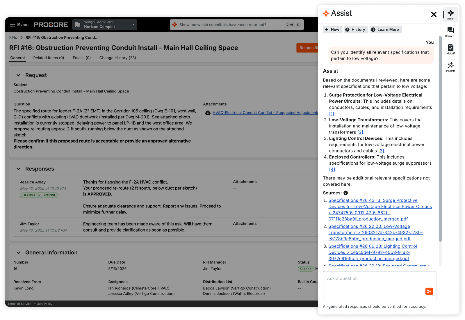 Procore's Assist product screen